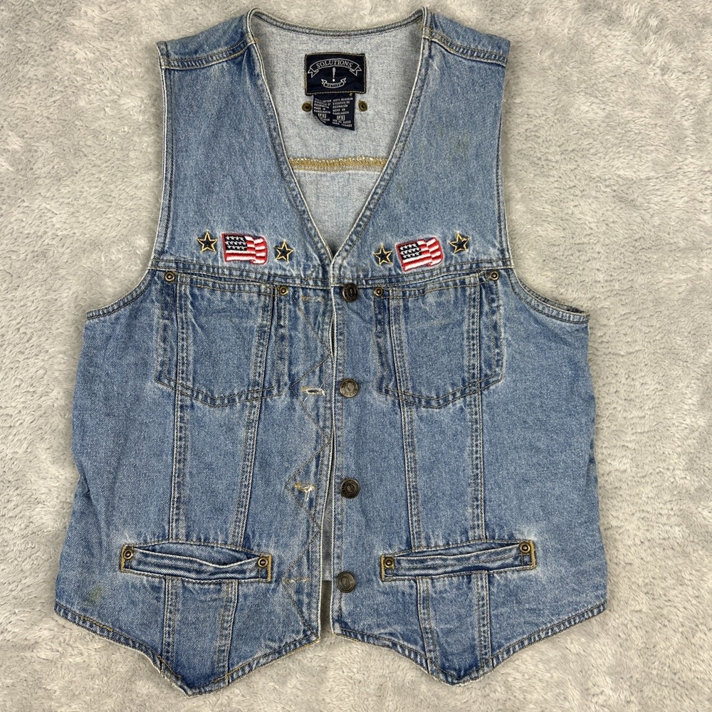 Vintage Solutions Vest Womens Petite Small Denim Embroidered US Flag Americana